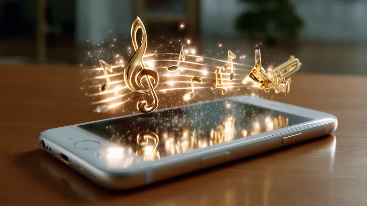 A mesmerizing visual of a smartphone emanating shimmering golden musical notes and instruments, creating an enchanting atmosphere that highlights the beauty of music through innovative technology