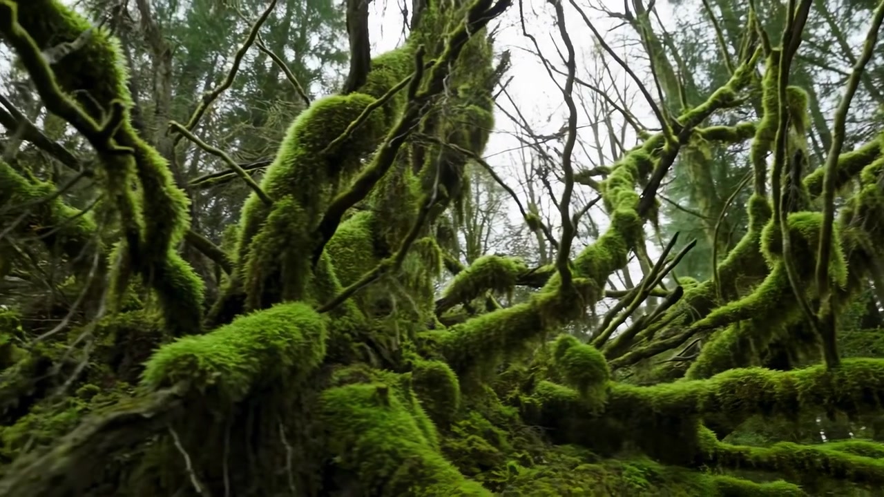 a tranquil scene of moss-covered tree branches in a forest environment under an overcast sky, captured from a top-down perspective, showcasing the natural beauty and peaceful ambiance.