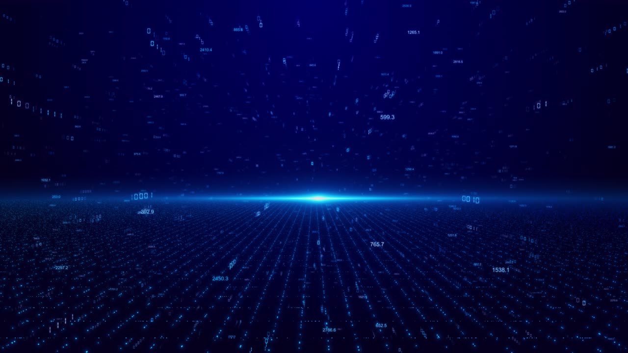 Data grid stretches toward radiant horizon binary digits and numeric values futuristic innovation