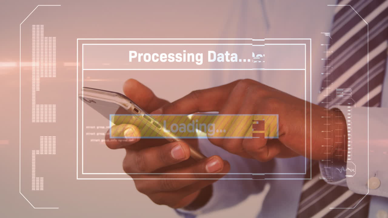 Animation of data processing on screen over man using smartphone