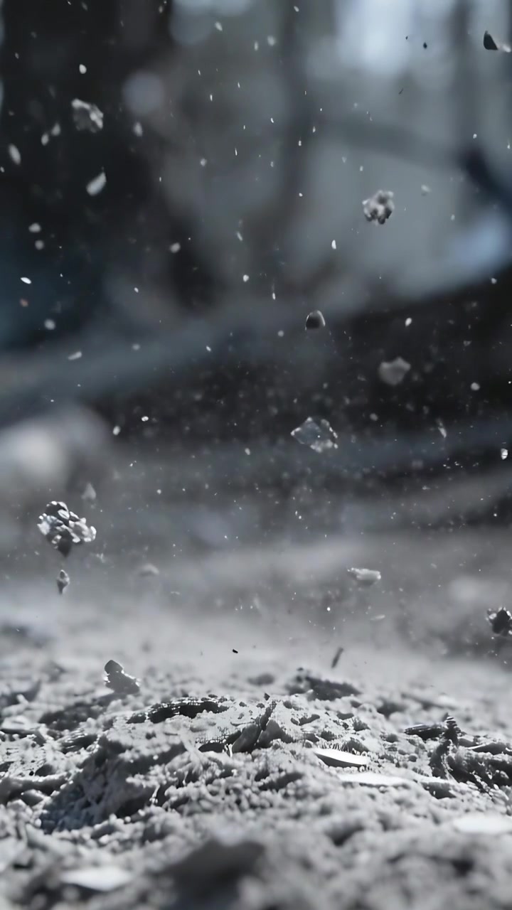 Vertical video: Shaking from impact, small mound on ground sending dust with blurred trunks behind