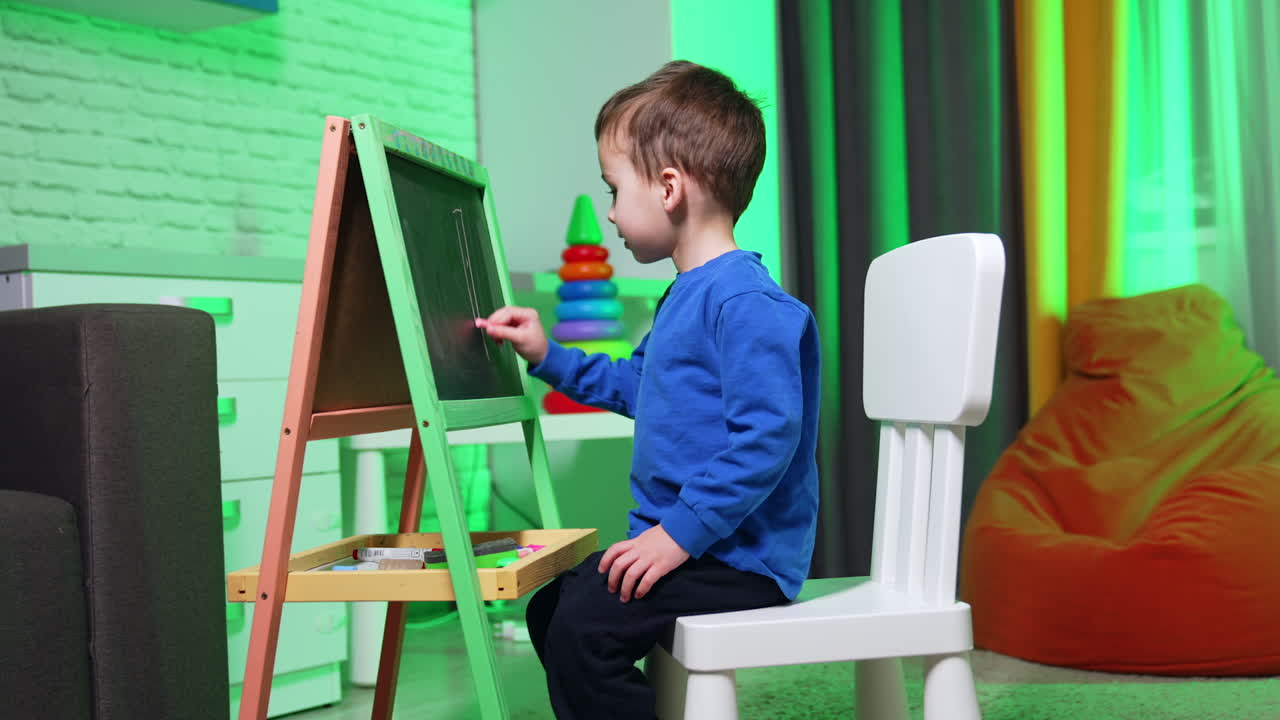 Lovely baby boy sits at the blackboard drawing with chalk. Cheerful kid having fun at home.