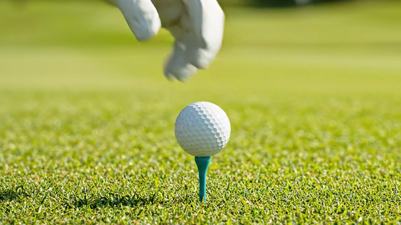 Un Golfista si Prepara al Tee Off: Catturando il Momento di Posizionare la Pallina da Golf sul Tee all'Inizio di un Giro in un Lussureggiante Ambiente di Campo Verde