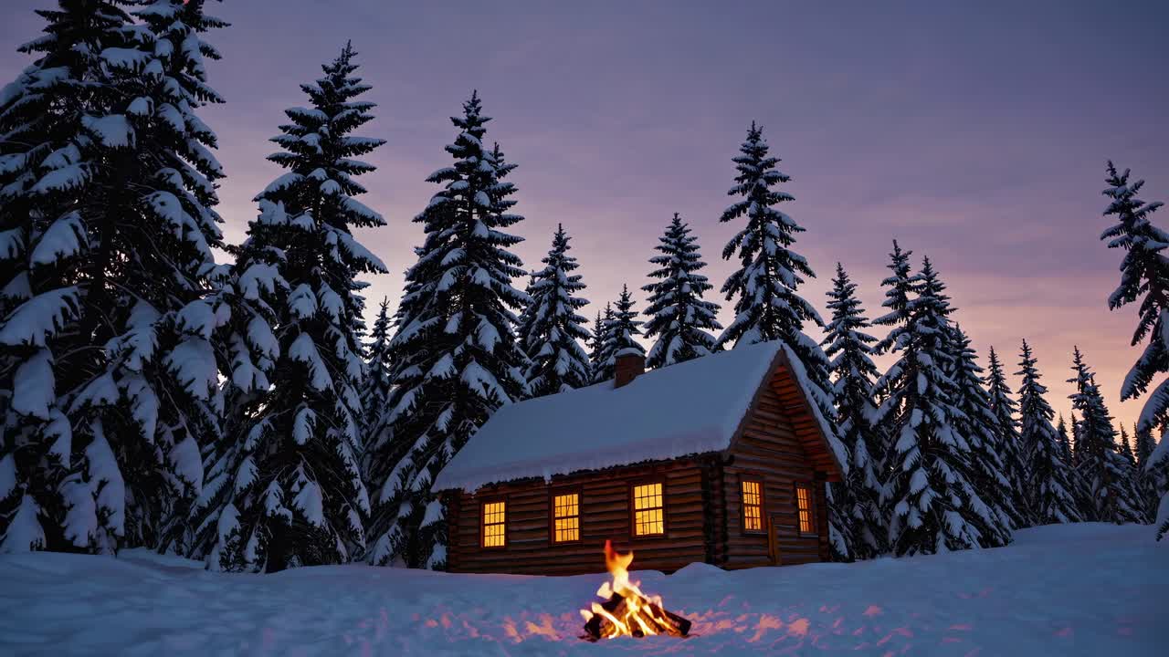 A cozy cabin surrounded by snow-covered trees at dusk, viewed from a low angle