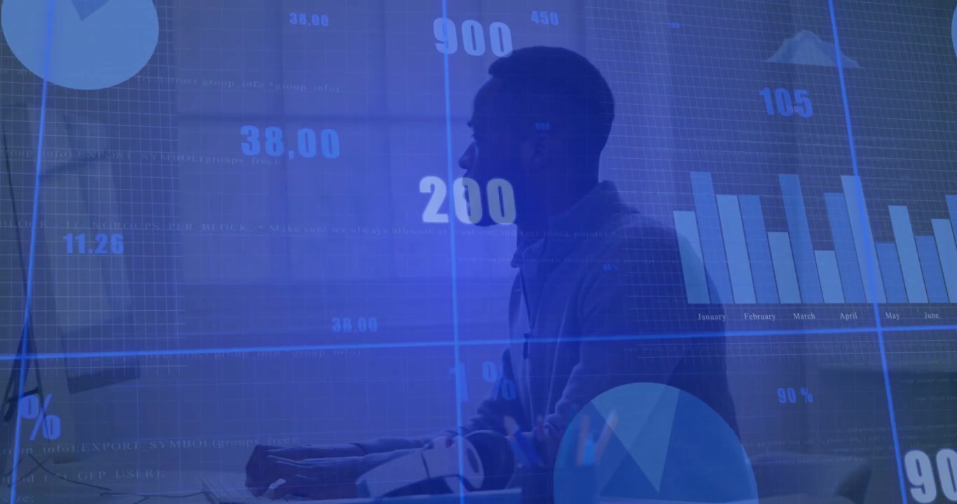Business analyst typing and activating projected data with updating bar and pie charts for analysis