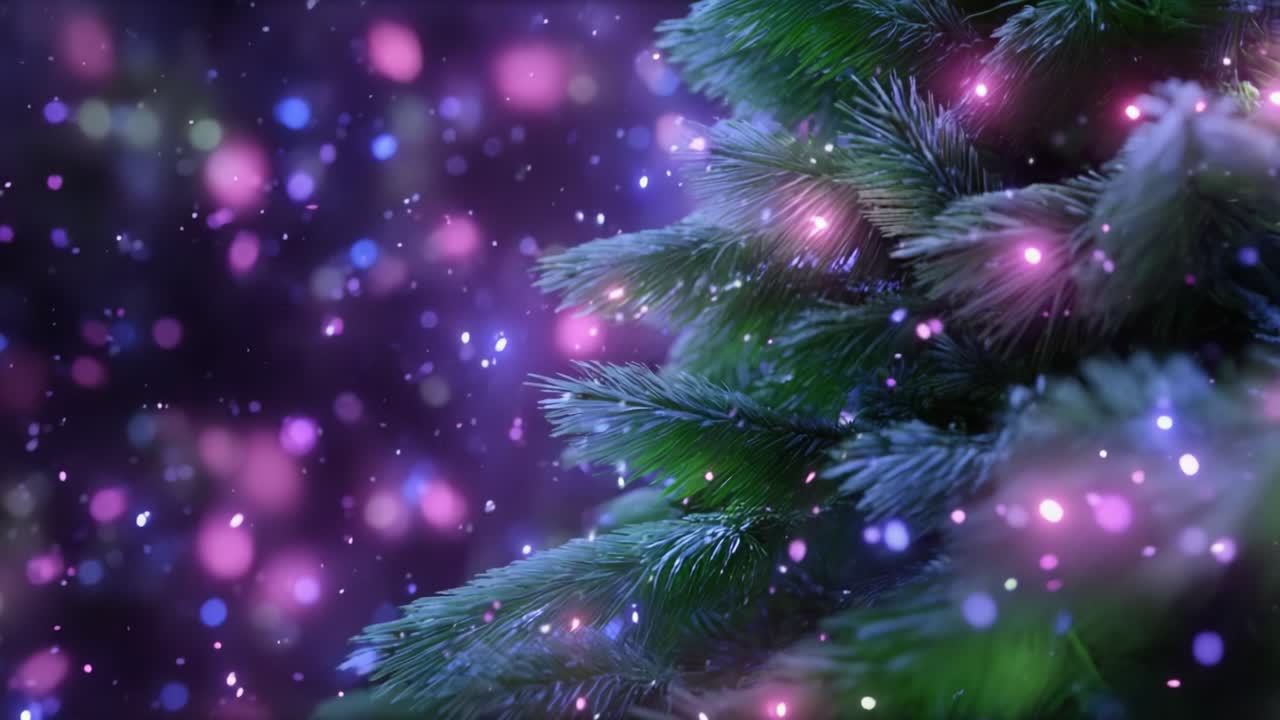 A Beautiful Christmas Tree Adorned with Colorful Lights and Soft Snow, Creating a Magical Winter Wonderland Atmosphere Full of Joy and Celebration