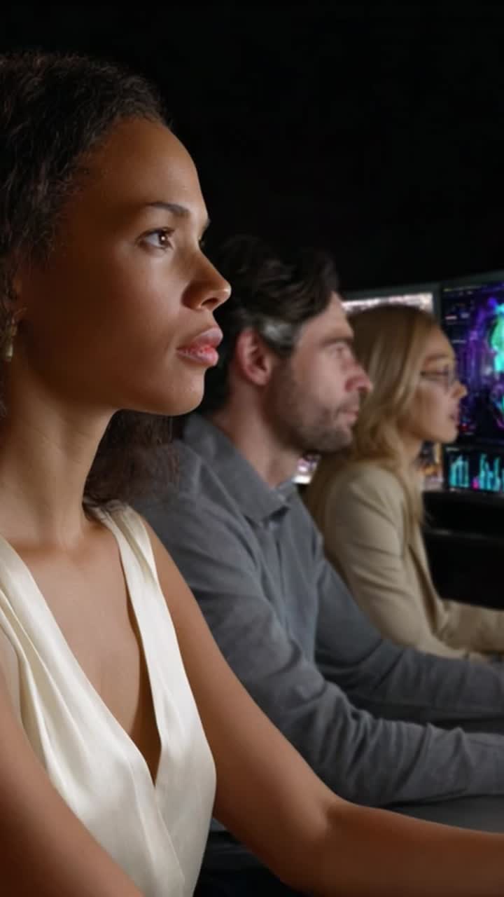 Focused individuals collaborate in a modern workspace, analyzing complex data on screens, highlighting concentration and teamwork in a technological environment