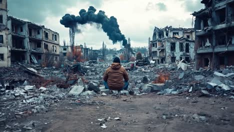 a man sitting on the ground in front of a destroyed building