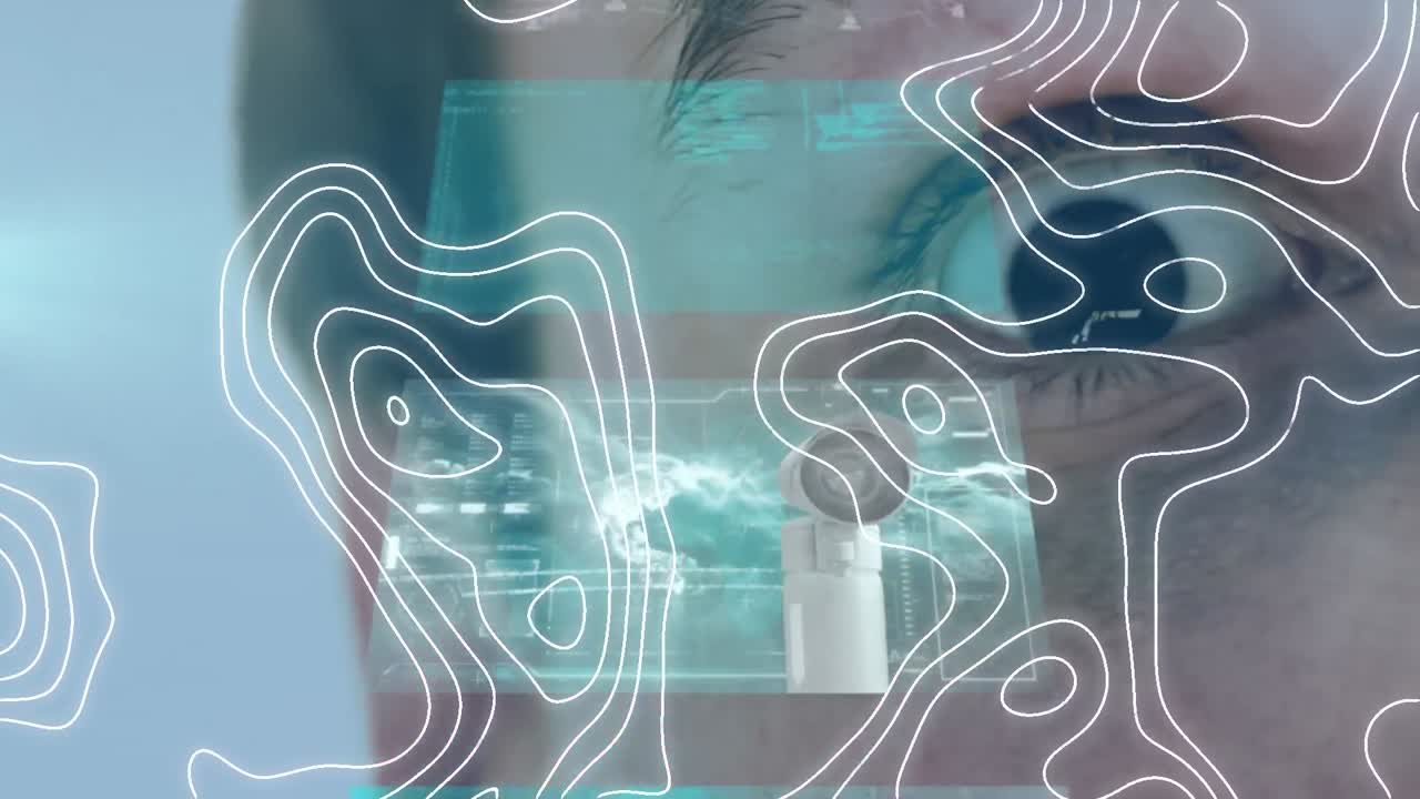 animación de líneas blancas y procesamiento de datos sobre el ojo del hombre caucásico