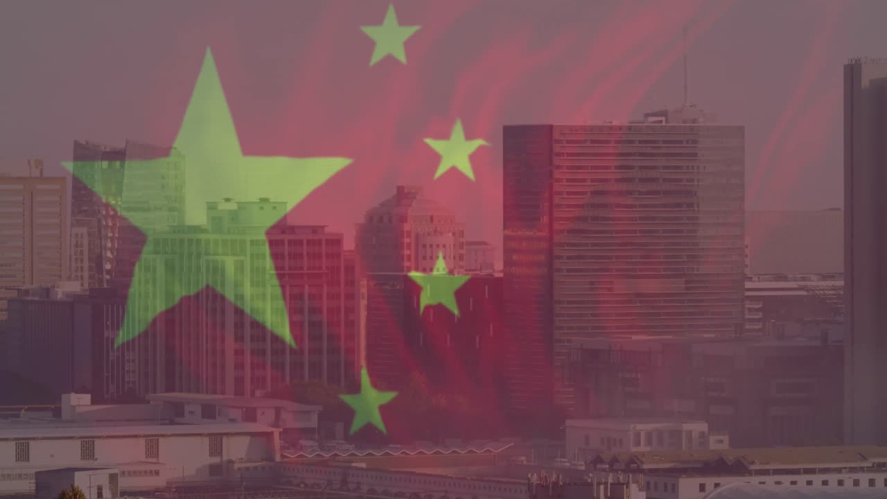 Animação da bandeira da China sobre uma paisagem urbana.