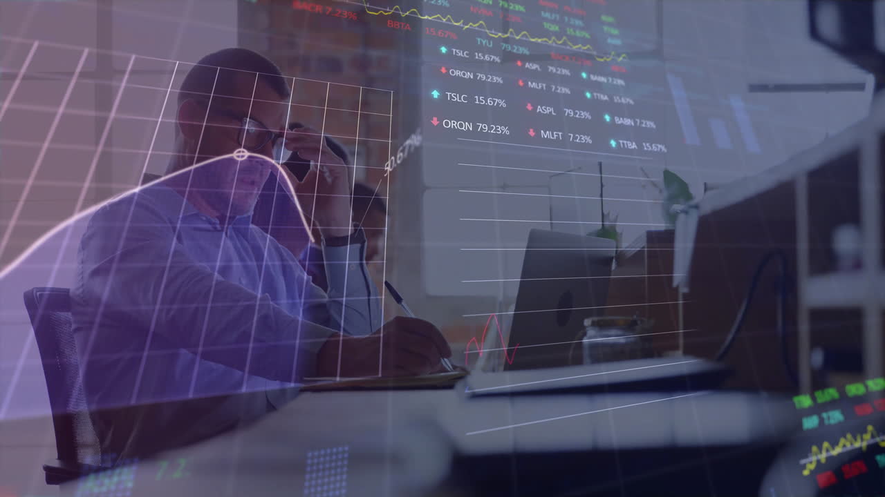 Animating financial data and stock market trends, business people working in office