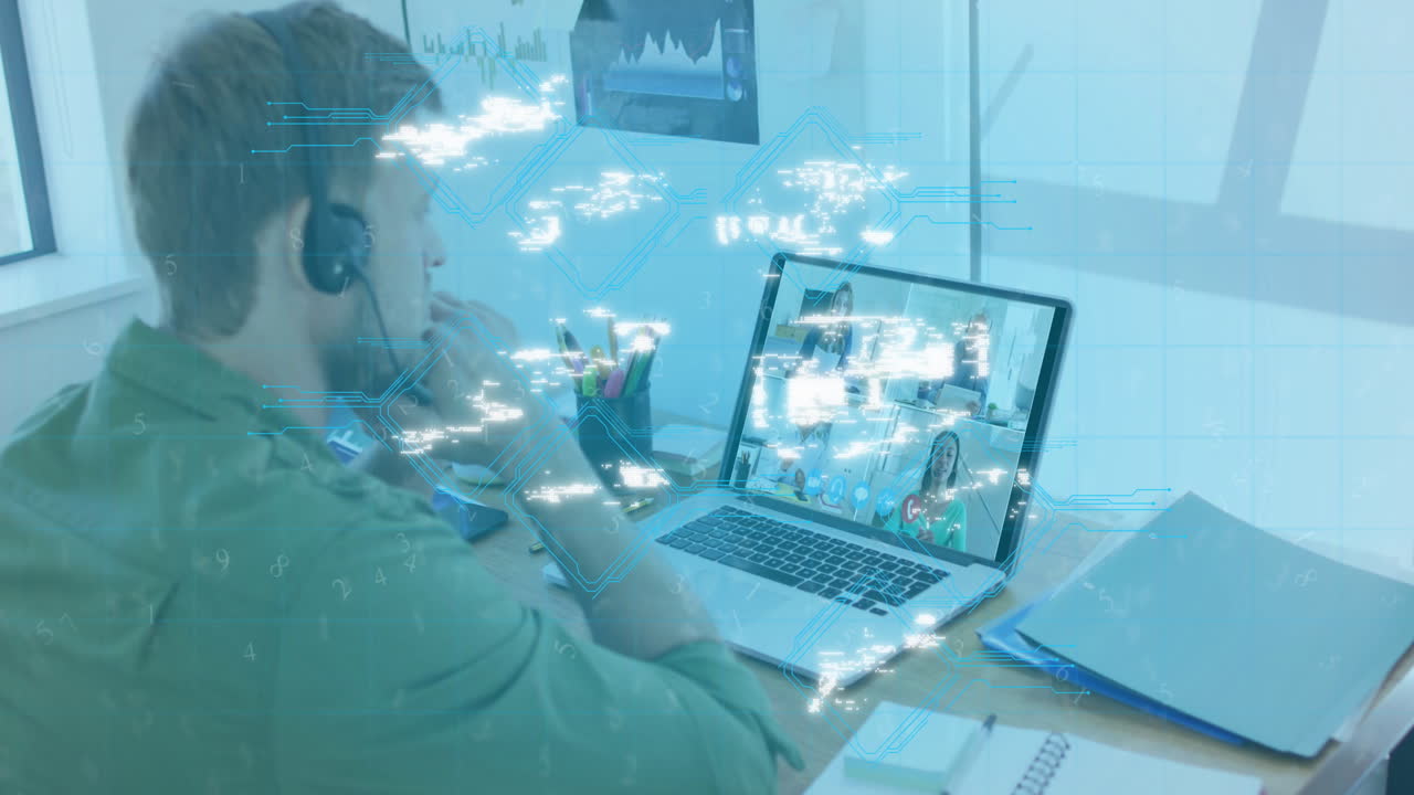 Animation of online icons over caucasian man using phone headset and laptop