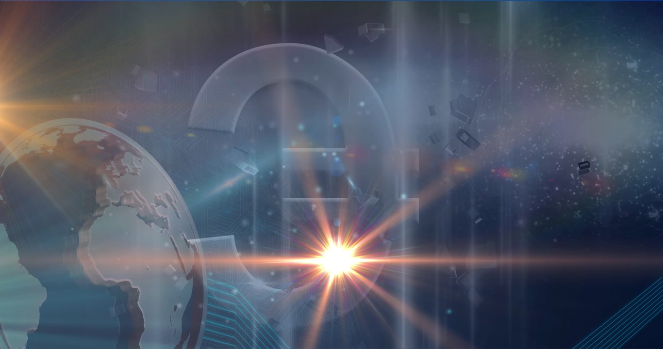 Animation of light spots over globe and euro symbol against grey background
