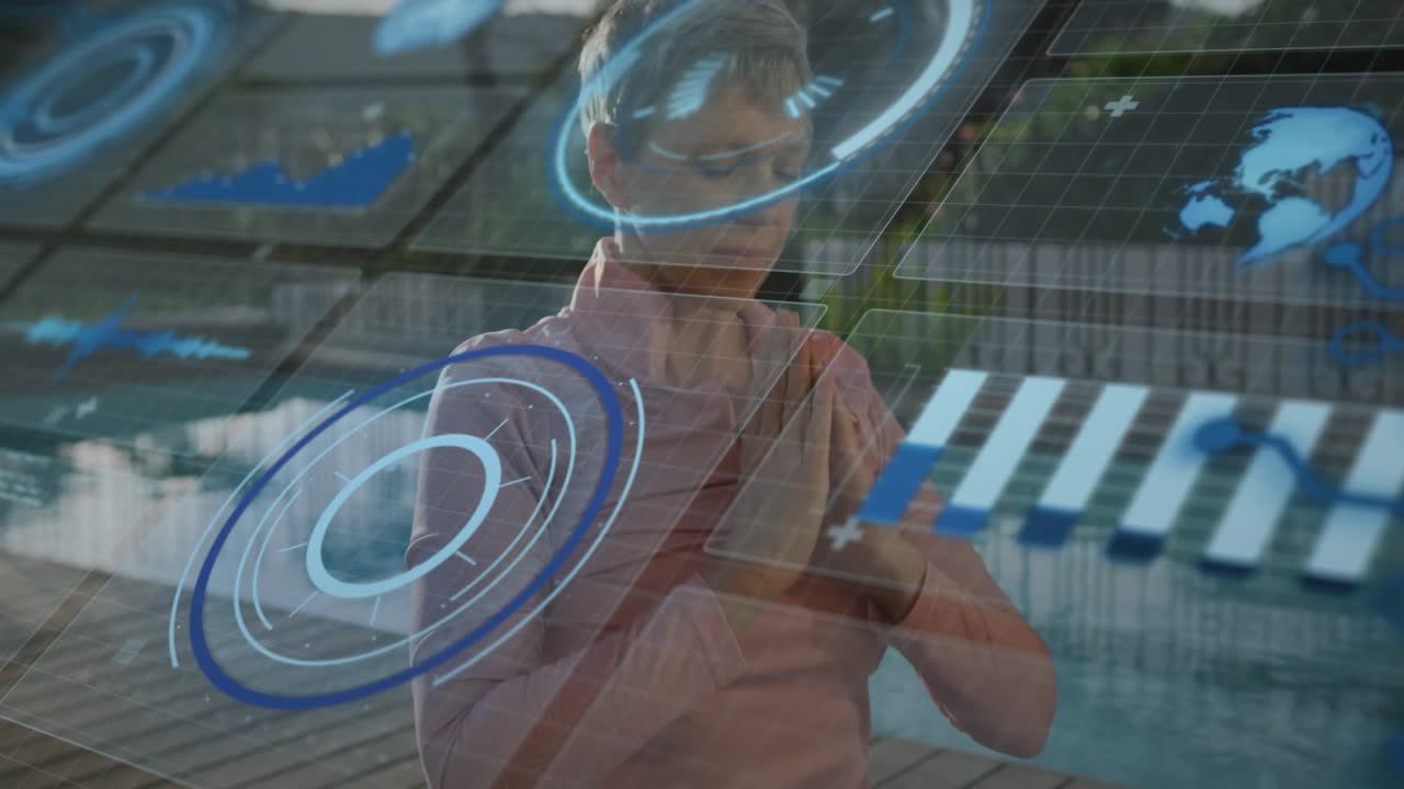 Woman practicing meditation on red mat by pool hologram graphs appearing for health tracking