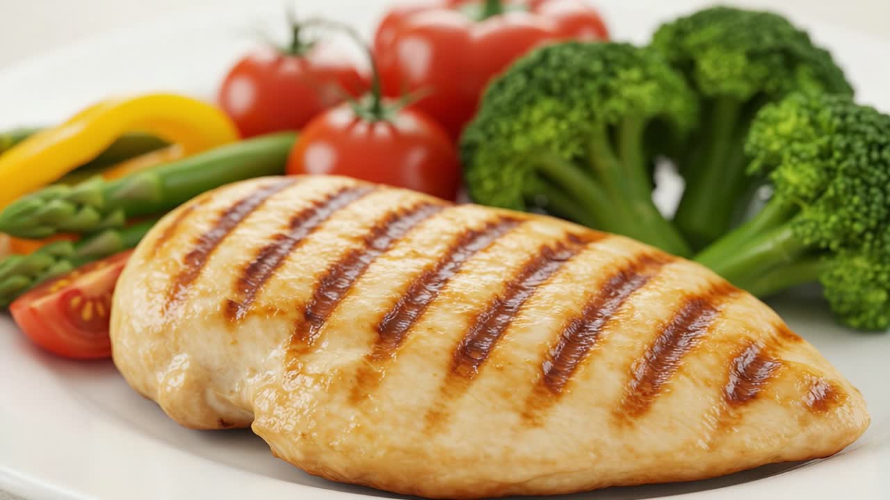 Delicious Grilled Chicken Breast Served with Fresh Vegetables Including Broccoli, Cherry Tomatoes, and Asparagus for a Nutritious Meal