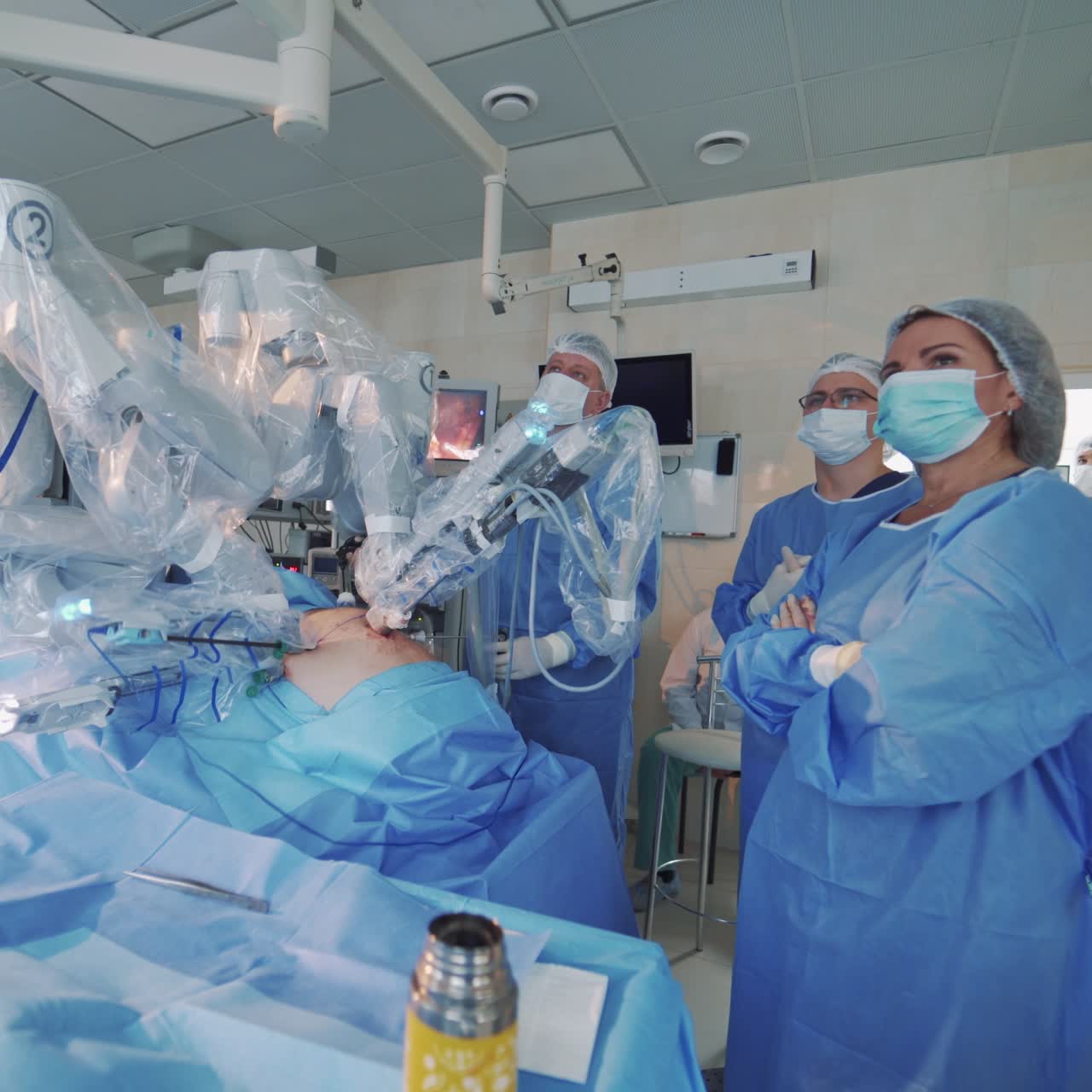 Modern surgical system. Medical robot. Minimally invasive robotic surgery.