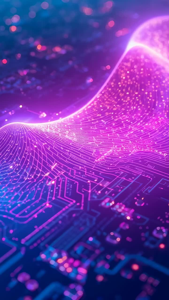 Video verticale: onda magenta pulsante che si muove su un circuito stampato, impulsi che illuminano bagliori mentre scorrono i dati