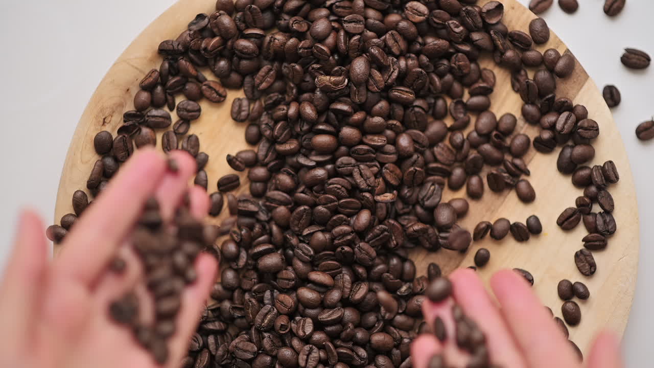 Hands touching and holding roasted coffee beans on a wooden tray