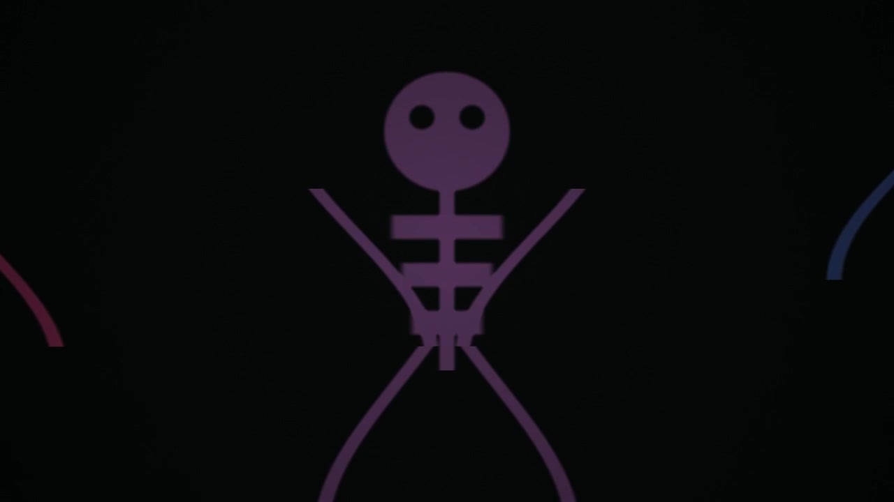 Abstrakt animeret skeletfigur, der morfer på mørk baggrund