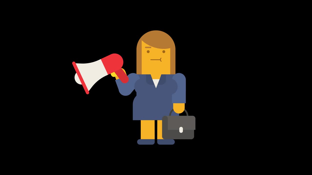 Business woman speaks into megaphone and holds suitcase. Alpha channel