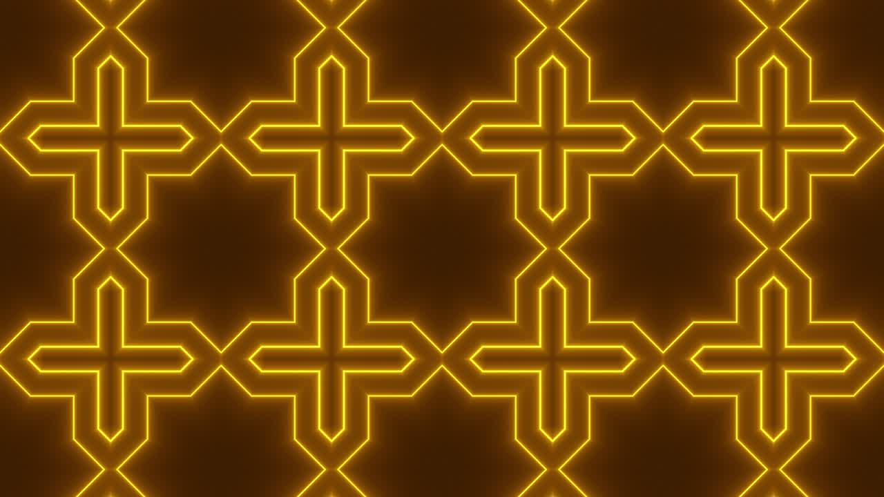 Un motivo neon arancione a mosaico simmetrico su sfondo nero. Con un design semplice, viene creato uno sfondo grafico in movimento senza soluzione di continuità.