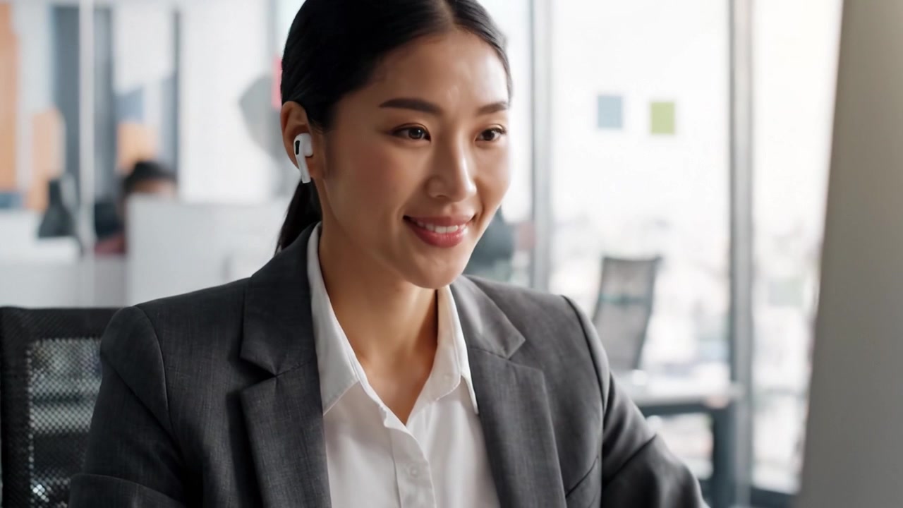 オフィスで生産的な一日を楽しむプロフェッショナルな若い女性：自信と意欲を示し、テクノロジーを活用して仕事を進める様子