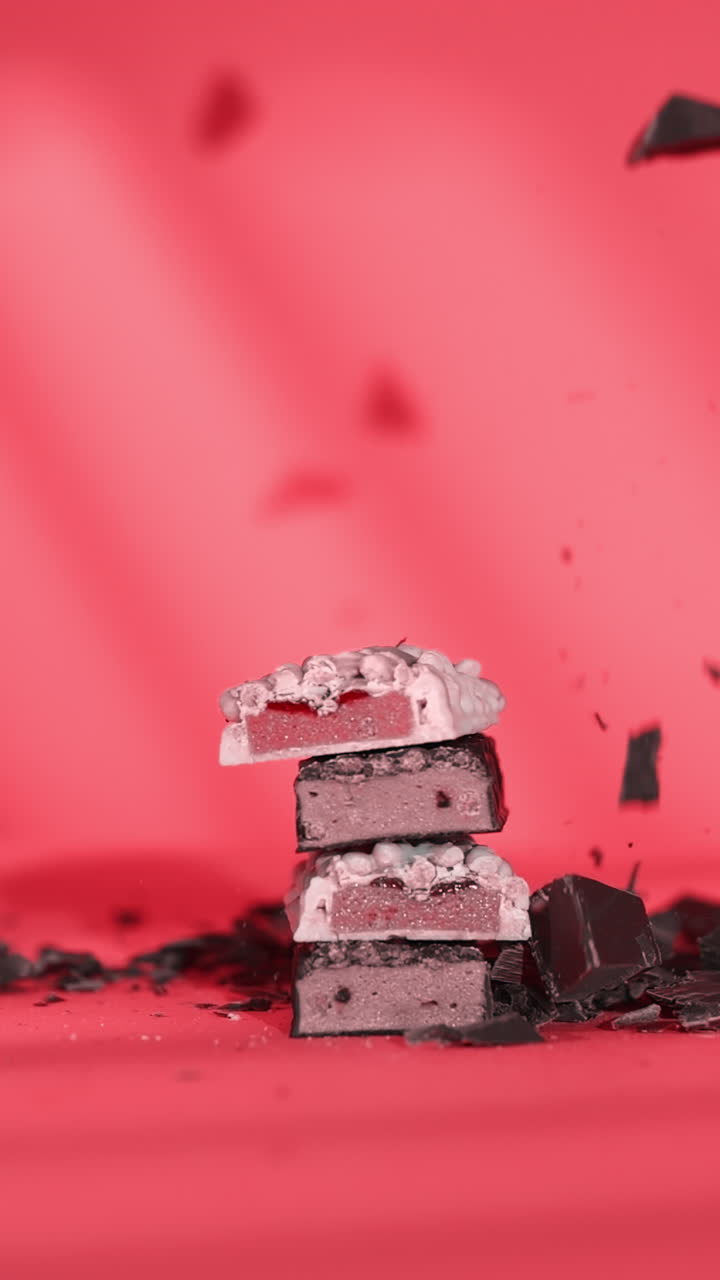 A dramatic slow motion shot captures chocolate pieces raining down onto a stacked tower of pink and white protein bars coated with puffed layers, all set against a vibrant coral backdrop.