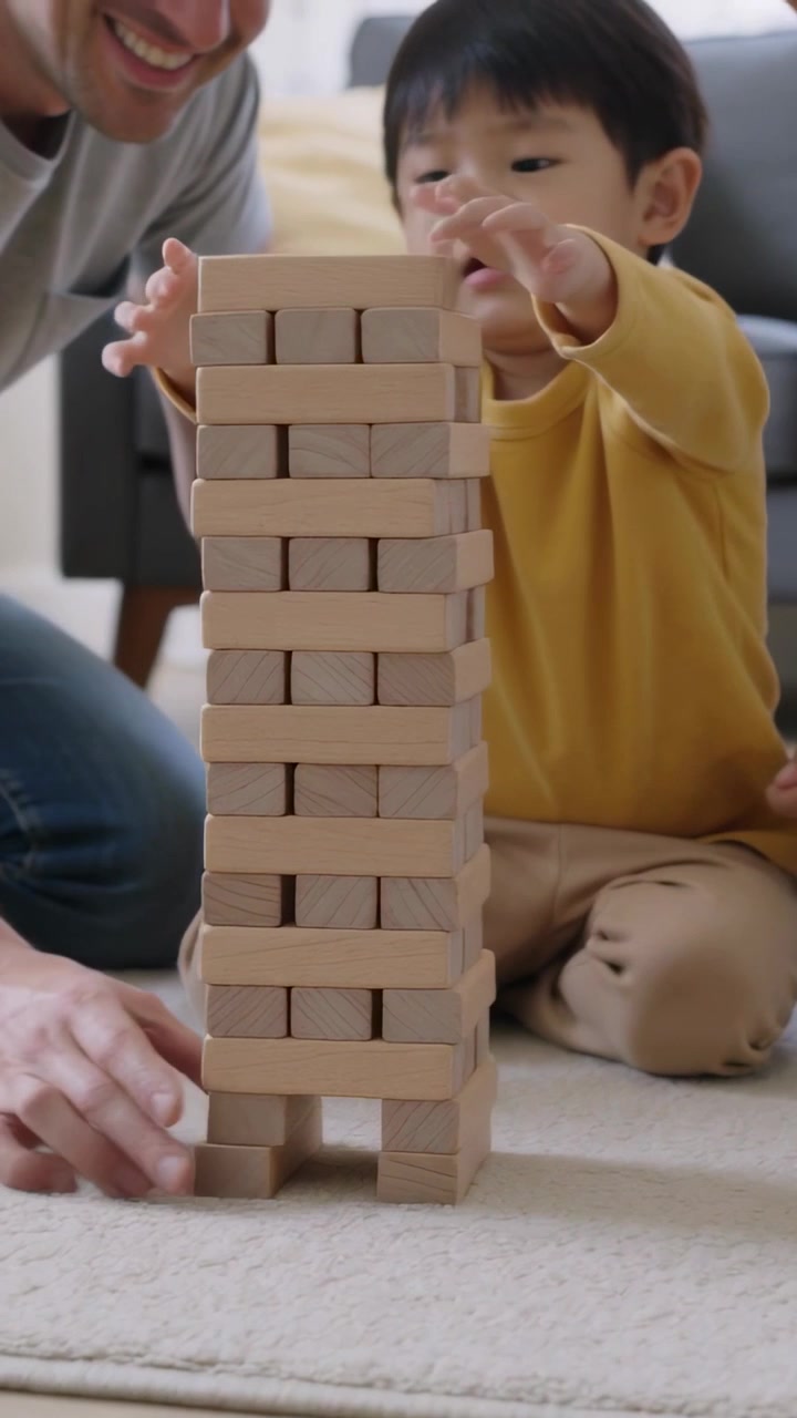 Video verticale: Bambino con maglione color senape che si allunga posizionando un blocco di legno sul tappeto, costruendo una torre alta.