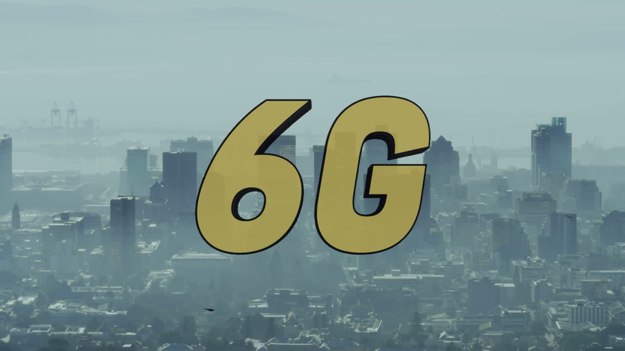 Displaying 6G text over cityscape with hazy skyline and animation effects