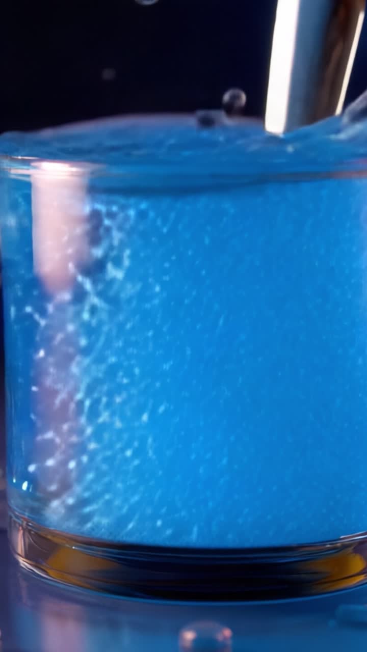 Un liquido blu vibrante viene agitato dinamicamente e schizzato in un bicchiere, mettendo in mostra bolle ipnotizzanti e colori vivaci che catturano l'essenza del movimento e della fluidità