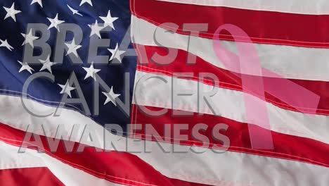 animation of pink ribbon logo with breast cancer text over usa flag