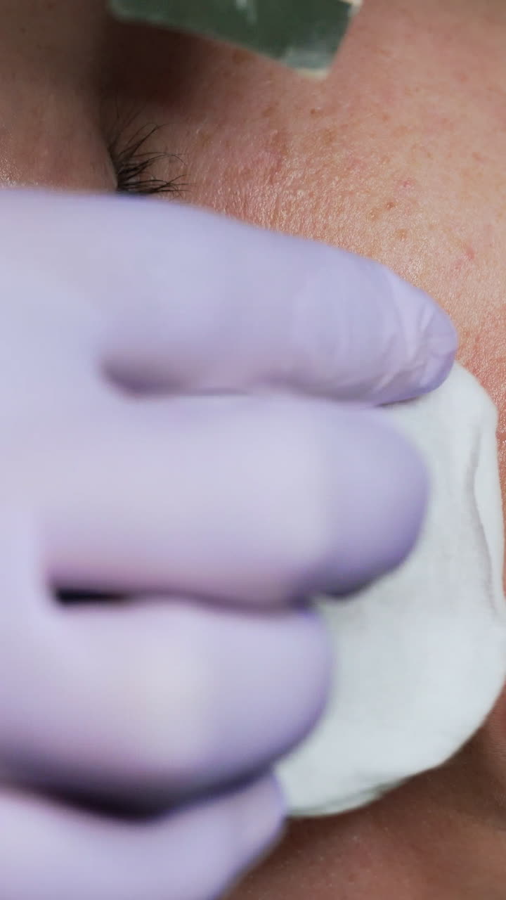 Cleaning the skin imperfections with ultrasonic scrubber. Beautician moves the cosmetic device around the female nostrils. Extreme close up. Vertical video