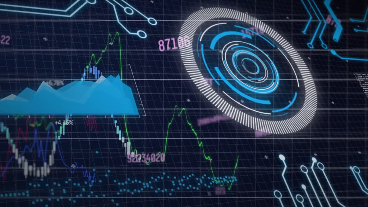Animation of changing numbers over round scanner and financial data processing on blue background