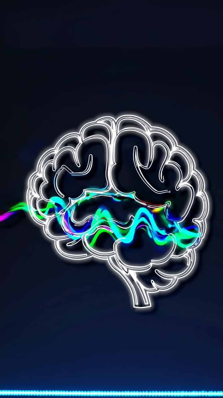 Abstract Neon Outline of Human Brain with Pulsating Neural Waves