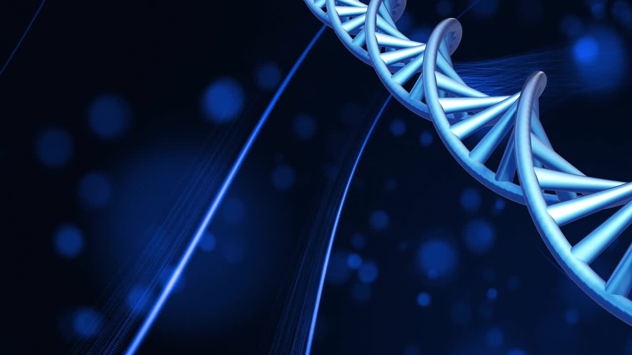 animación de una cadena de adn girando sobre un fondo oscuro