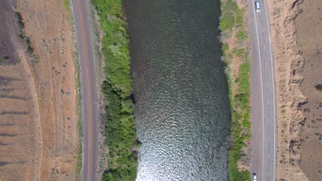 straight down drone view of yakima river at yakima river canyon, central washington