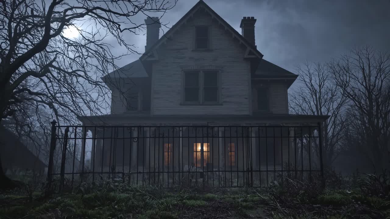 Eerie video scene of a haunted house at night, shot from a low angle