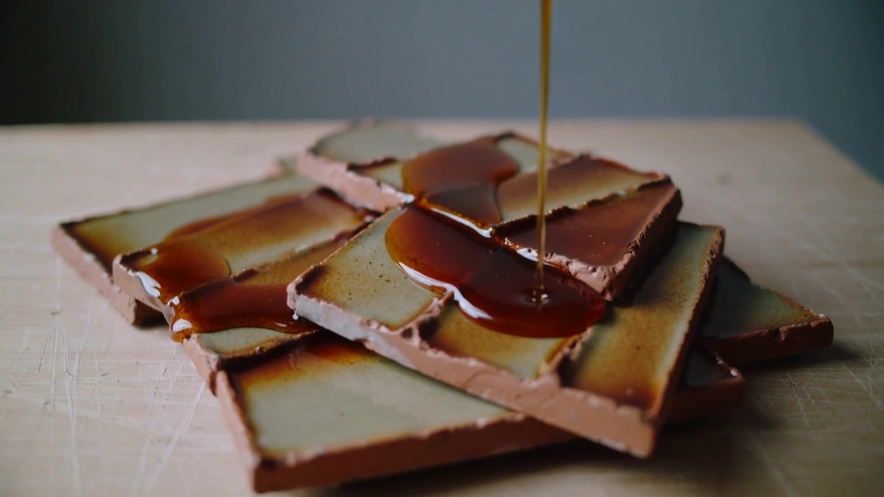 Sciroppo ambrato che cola da una fonte fuori campo, ricoprendo cracker impilati su un tagliere di legno, glassando i bordi.