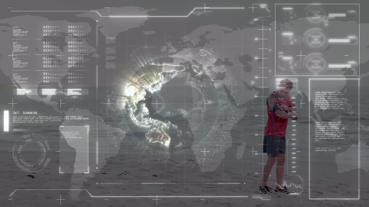 Animation of data processing over fit man running at beach