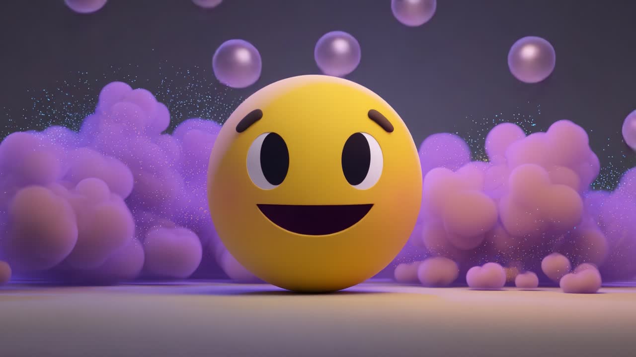 A Transformative Journey of Emotion: From Sleepiness to Joy Captured in Two Frames, Highlighting a Cheerful Yellow Sphere Amidst Vibrant Purple Clouds and Bubbles