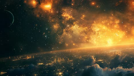city above the clouds, starry night