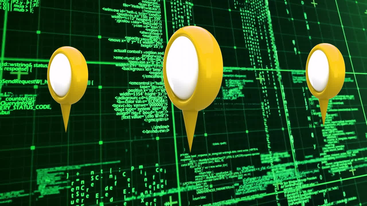 Floating animation of yellow map pins over green digital code and data visualization