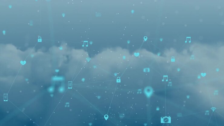 Network of connection icons against blue sky