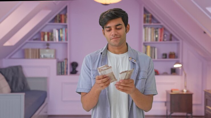 un joven indio feliz contando dinero