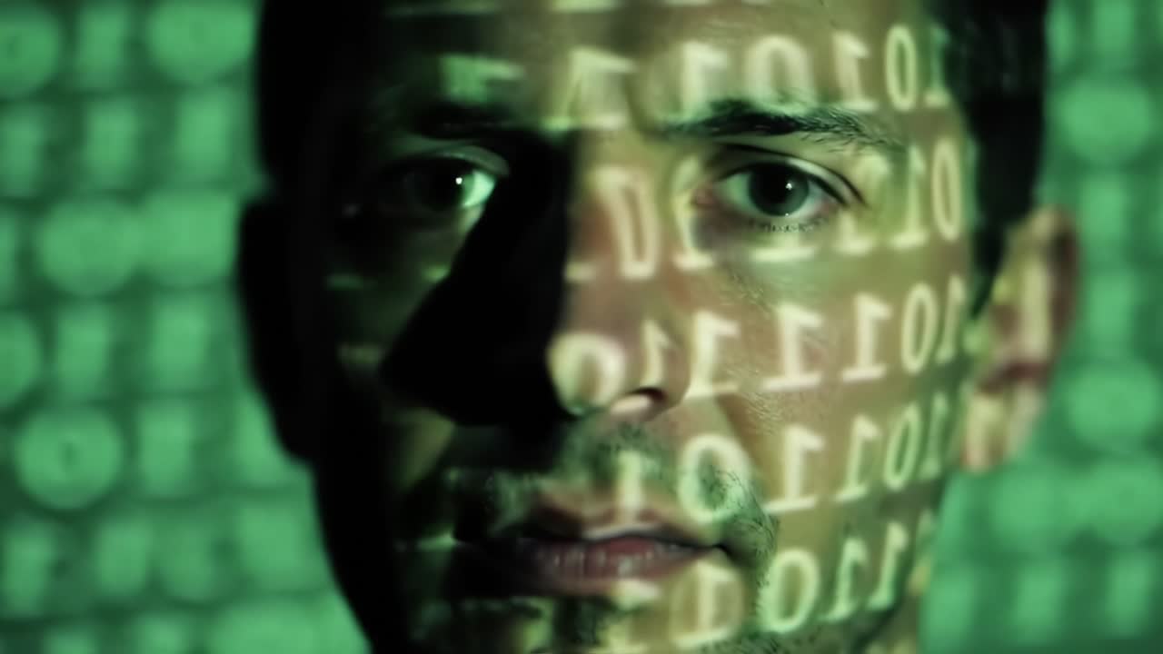 A thoughtful individual immersed in a digital world as binary code overlays their face, highlighting the intricate connection between humanity and technology