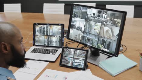 African-american-male-security-officer-watching-cctv-camera-views-on-three-screens,-slow-motion