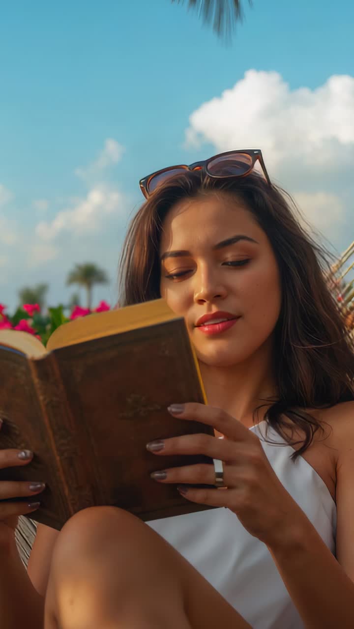 Vertical video: Reading woman in white top in hammock in palm garden, holding book, relaxing