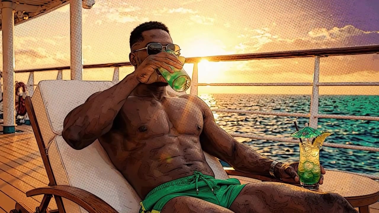 Uomo che si rilassa su una sdraio al tramonto con cocktail, godendosi un momento di pace in riva all'oceano, mentre assapora il calore e la bellezza della natura.