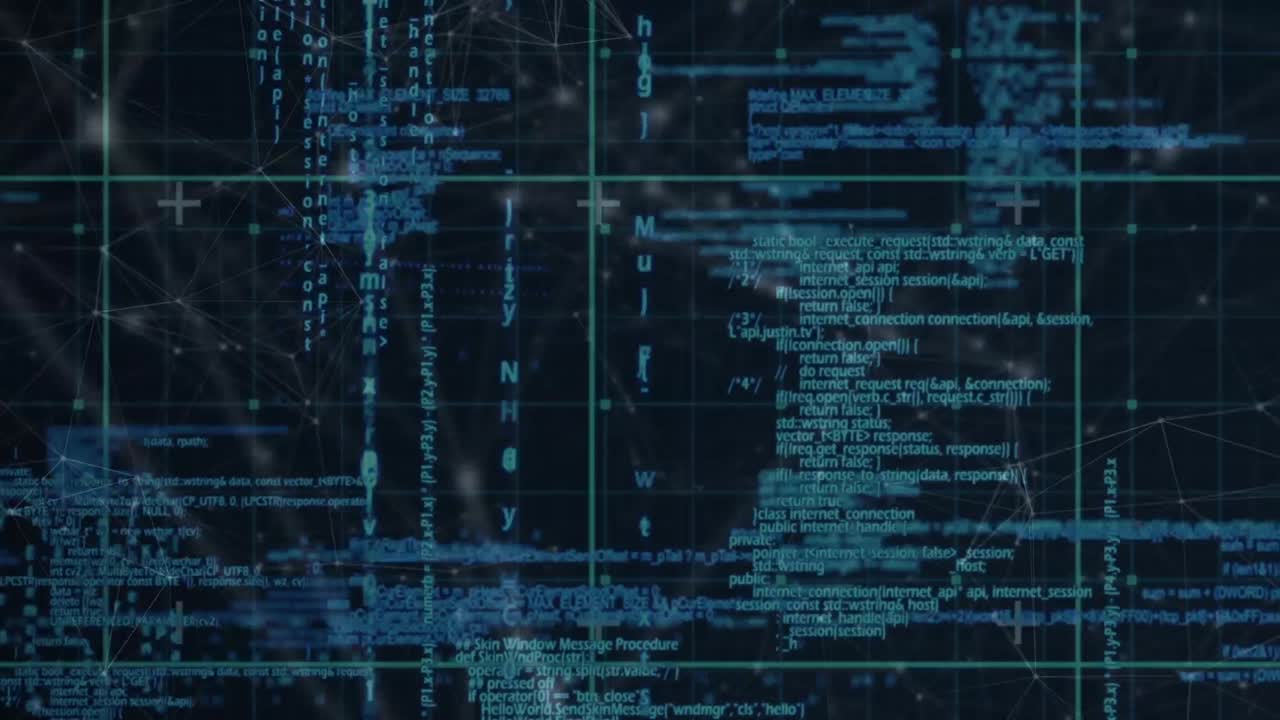 animación del procesamiento de datos y la red de conexiones sobre un fondo oscuro