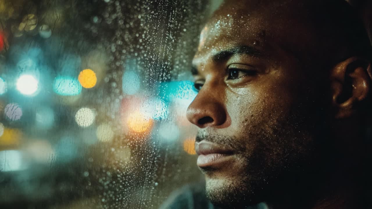 Contemplative Moment in the Rainy Night: A Close-Up of a Man's Pensive Expression Through a Window with Raindrops Capturing Urban Lights